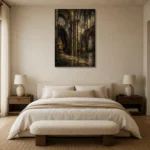 Stone Gray & Muted Gold Gothic Cathedral Wall Art Canvas Print showcased in an elegant minimalist interior