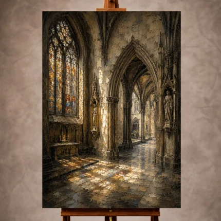 Pale Stone, Charcoal & Muted Gold Gothic Cathedral Wall Art print for elegant interiors. No text or watermarks in design.