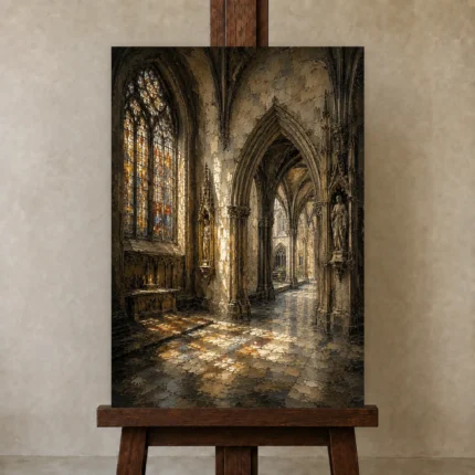 Pale Stone & Charcoal Gothic Cathedral Wall Art Canvas Print shown in Studio Easel