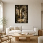 Pale Stone & Charcoal Gothic Cathedral Wall Art Canvas Print styled in a refined neutral interior
