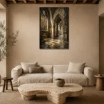 Pale Stone & Charcoal Gothic Cathedral Wall Art Canvas Print presented in a sophisticated home setting