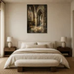 Pale Stone & Charcoal Gothic Cathedral Wall Art Canvas Print showcased in an elegant minimalist interior