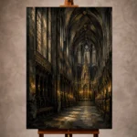 Charcoal, Stone & Muted Gold Gothic Cathedral Wall Art print for elegant interiors. No text or watermarks in design.