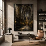 Charcoal & Muted Gold Gothic Cathedral Wall Art Canvas Print - Image 3