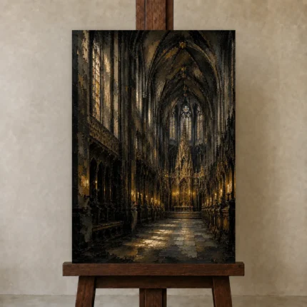 Charcoal & Muted Gold Gothic Cathedral Wall Art Canvas Print shown in Studio Easel
