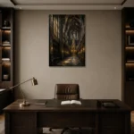 Charcoal & Muted Gold Gothic Cathedral Wall Art Canvas Print displayed in a contemporary gallery-inspired room