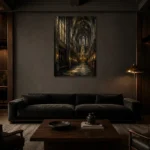 Charcoal & Muted Gold Gothic Cathedral Wall Art Canvas Print shown in a warm modern interior