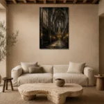 Charcoal & Muted Gold Gothic Cathedral Wall Art Canvas Print presented in a sophisticated home setting