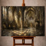 Stone, Charcoal & Muted Gold Gothic Cathedral Wall Art print for elegant interiors. No text or watermarks in design.