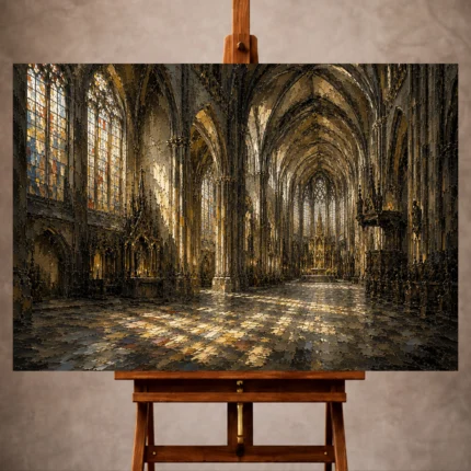 Stone, Charcoal & Muted Gold Gothic Cathedral Wall Art print for elegant interiors. No text or watermarks in design.
