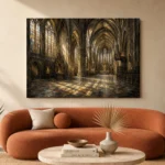 Stone & Muted Gold Panoramic Gothic Cathedral Wall Art Canvas Print - Image 3