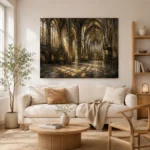 Stone & Muted Gold Panoramic Gothic Cathedral Wall Art Canvas Print - Image 8
