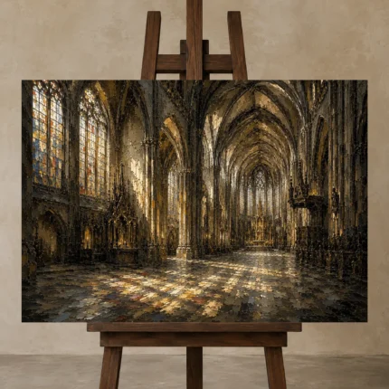 Stone & Muted Gold Panoramic Gothic Cathedral Wall Art Canvas Print displayed on a studio easel