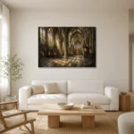 Stone & Muted Gold Panoramic Gothic Cathedral Wall Art Canvas Print styled in a refined neutral interior