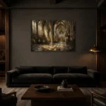 Stone & Muted Gold Panoramic Gothic Cathedral Wall Art Canvas Print shown in a warm modern interior