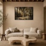 Stone & Muted Gold Panoramic Gothic Cathedral Wall Art Canvas Print presented in a sophisticated home setting