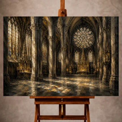 Pale Stone, Charcoal & Muted Gold Gothic Cathedral Wall Art print for elegant interiors. No text or watermarks in design.