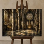 Pale Stone & Charcoal Rose Window Gothic Cathedral Wall Art Canvas Print displayed on a studio easel