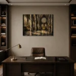 Pale Stone & Charcoal Rose Window Gothic Cathedral Wall Art Canvas Print displayed in a contemporary gallery-inspired room