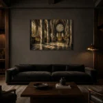 Pale Stone & Charcoal Rose Window Gothic Cathedral Wall Art Canvas Print shown in a warm modern interior