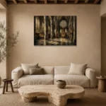 Pale Stone & Charcoal Rose Window Gothic Cathedral Wall Art Canvas Print presented in a sophisticated home setting