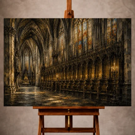 Stone Gray & Muted Gold Gothic Cathedral Wall Art print for elegant interiors. No text or watermarks in design.