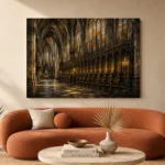 Stone Gray & Muted Gold Gothic Cathedral Wall Art Canvas Print - Image 3