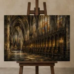 Stone Gray & Muted Gold Gothic Cathedral Wall Art Canvas Print displayed on a studio easel