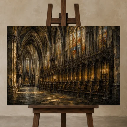 Stone Gray & Muted Gold Gothic Cathedral Wall Art Canvas Print displayed on a studio easel