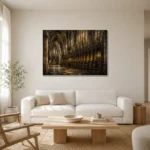 Stone Gray & Muted Gold Gothic Cathedral Wall Art Canvas Print styled in a refined neutral interior