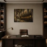 Stone Gray & Muted Gold Gothic Cathedral Wall Art Canvas Print displayed in a contemporary gallery-inspired room
