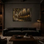 Stone Gray & Muted Gold Gothic Cathedral Wall Art Canvas Print shown in a warm modern interior