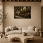 Stone Gray & Muted Gold Gothic Cathedral Wall Art Canvas Print presented in a sophisticated home setting