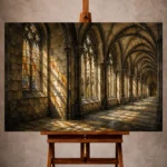 Warm Stone, Charcoal & Muted Gold Gothic Cathedral Wall Art print for elegant interiors. No text or watermarks in design.