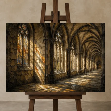 Warm Stone & Charcoal Gothic Cathedral Wall Art Canvas Print displayed on a studio easel