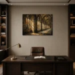 Warm Stone & Charcoal Gothic Cathedral Wall Art Canvas Print displayed in a contemporary gallery-inspired room