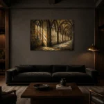 Warm Stone & Charcoal Gothic Cathedral Wall Art Canvas Print shown in a warm modern interior