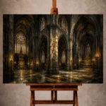 Stone, Charcoal & Muted Gold Gothic Cathedral Wall Art print for elegant interiors. No text or watermarks in design.