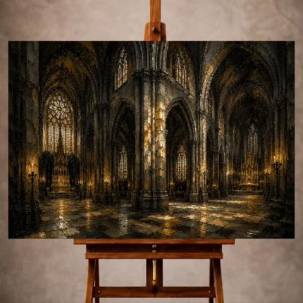 Stone, Charcoal & Muted Gold Gothic Cathedral Wall Art print for elegant interiors. No text or watermarks in design.