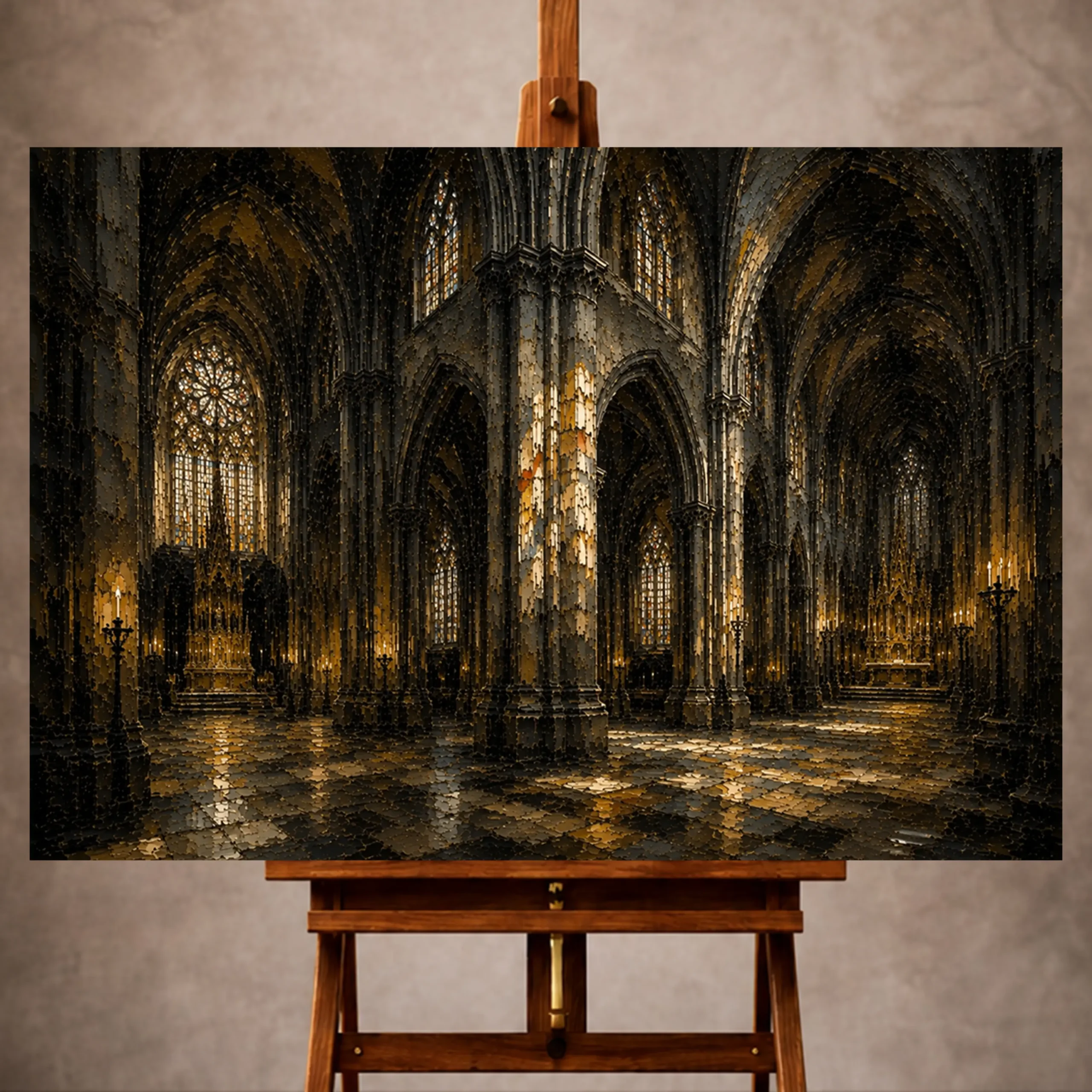 Premium Wall Art Yatay Html Edition – GOTICWALL015 Image 1 Stone, Charcoal & Muted Gold Gothic Cathedral Wall Art print for elegant interiors. No text or watermarks in design.