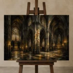 Stone & Muted Gold Dramatic Gothic Cathedral Wall Art Canvas Print displayed on a studio easel
