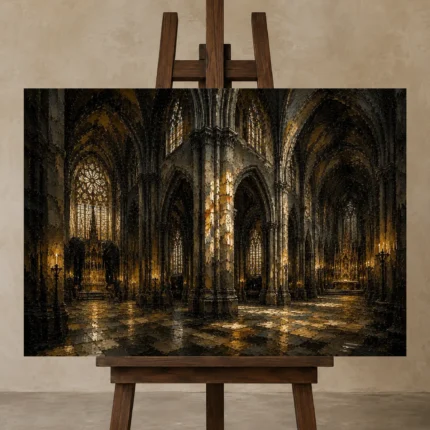 Stone & Muted Gold Dramatic Gothic Cathedral Wall Art Canvas Print displayed on a studio easel