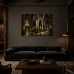Stone & Muted Gold Dramatic Gothic Cathedral Wall Art Canvas Print shown in a warm modern interior