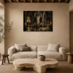 Stone & Muted Gold Dramatic Gothic Cathedral Wall Art Canvas Print presented in a sophisticated home setting
