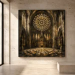 Stone, Charcoal & Muted Gold Gothic Cathedral Wall Art print for elegant interiors. No text or watermarks in design.