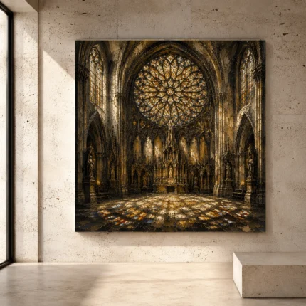 Stone, Charcoal & Muted Gold Gothic Cathedral Wall Art print for elegant interiors. No text or watermarks in design.