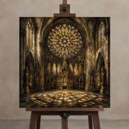 Stone & Muted Gold Rose Window Gothic Cathedral Wall Art Canvas Print displayed on a studio easel