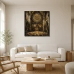 Stone & Muted Gold Rose Window Gothic Cathedral Wall Art Canvas Print styled in a refined neutral interior