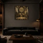 Stone & Muted Gold Rose Window Gothic Cathedral Wall Art Canvas Print shown in a warm modern interior