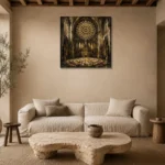 Stone & Muted Gold Rose Window Gothic Cathedral Wall Art Canvas Print presented in a sophisticated home setting